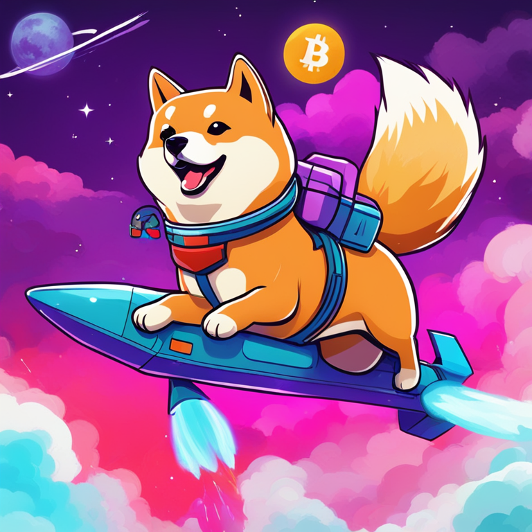 Hand-drawn digital illustration, Artstation HQ, digital art, vibrant depiction of Dogecoin featuring Shiba Inu dog riding a rocket symbolizing upward market trend, playful and colorful, abstract style