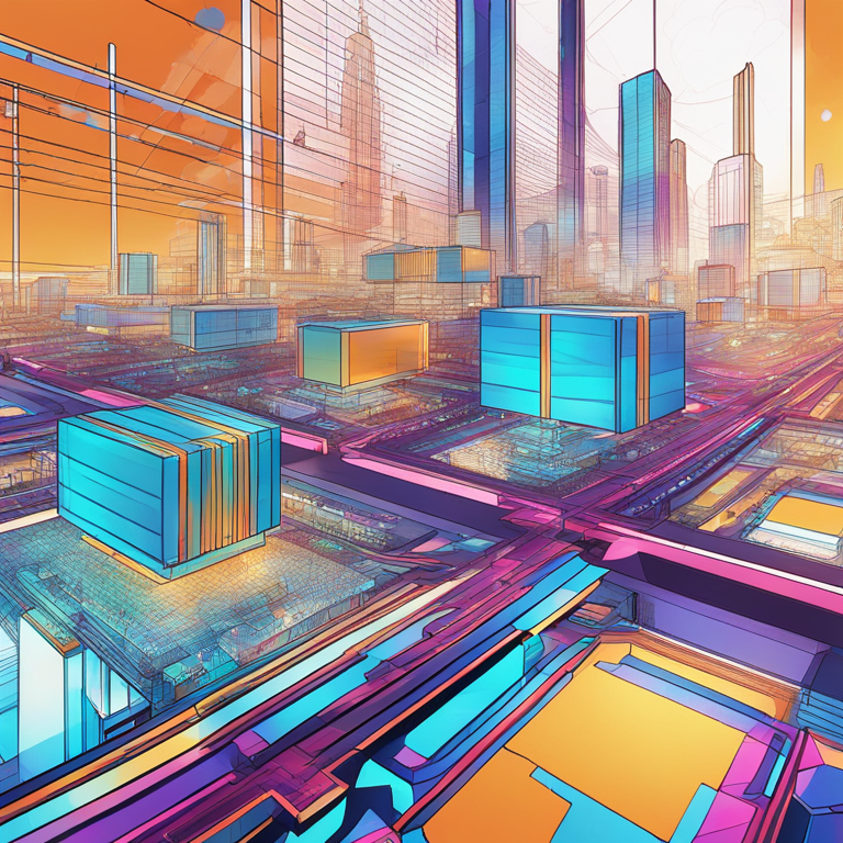 hand-drawn digital illustration of interconnected blockchain solutions, Artstation HQ, digital art, depicting a futuristic network integrating data availability and ZK-Rollup, vibrant colors, high-tech, smooth, modern design, abstract representation of liquidity bridging