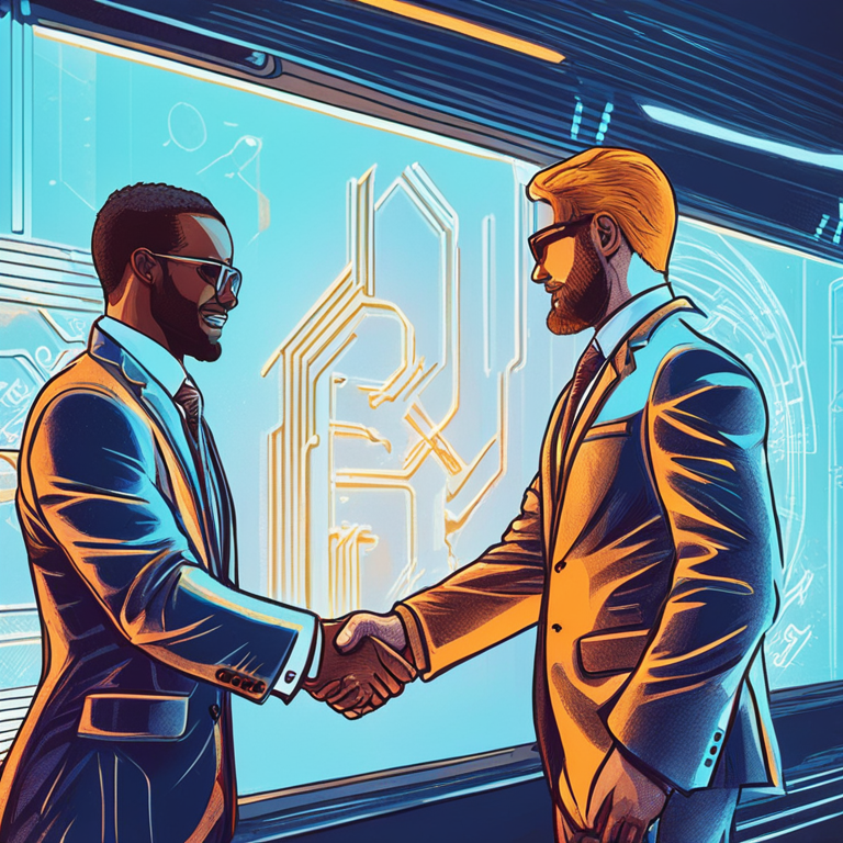 Hand-drawn digital illustration, Artstation HQ, digital art. Two futuristic business professionals shaking hands with Bitcoin symbols in the background, trending on Artstation, showcasing a strategic partnership