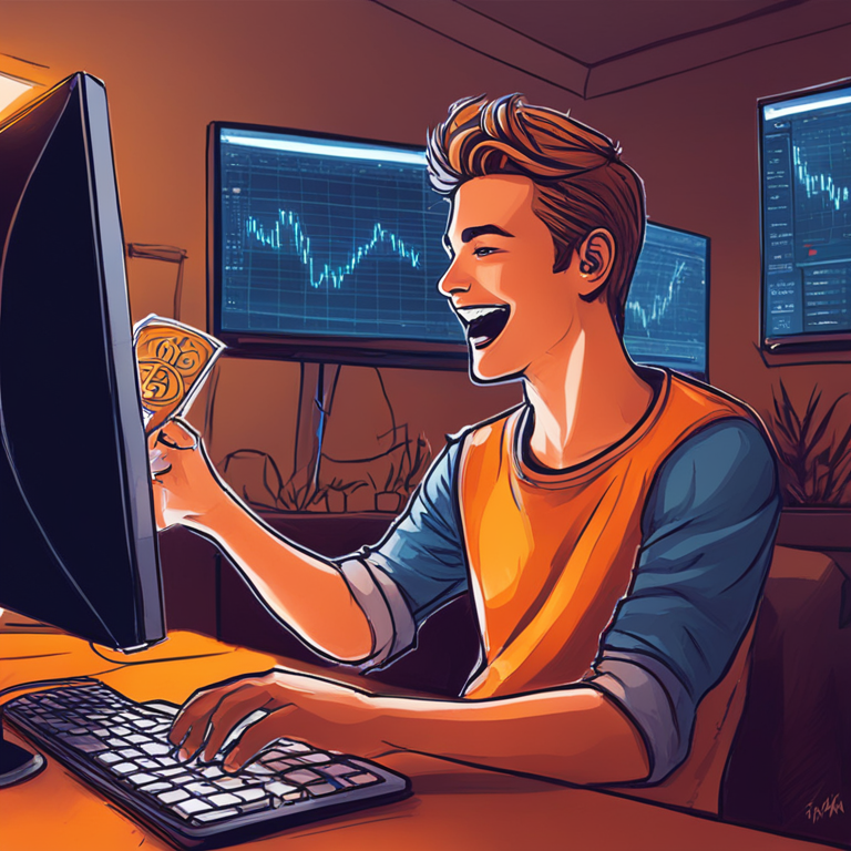 hand-drawn digital illustration of Erik Finman during his initial investment phase, showing youth and exuberance, sitting at a computer with Bitcoin symbols, Artstation HQ, digital art