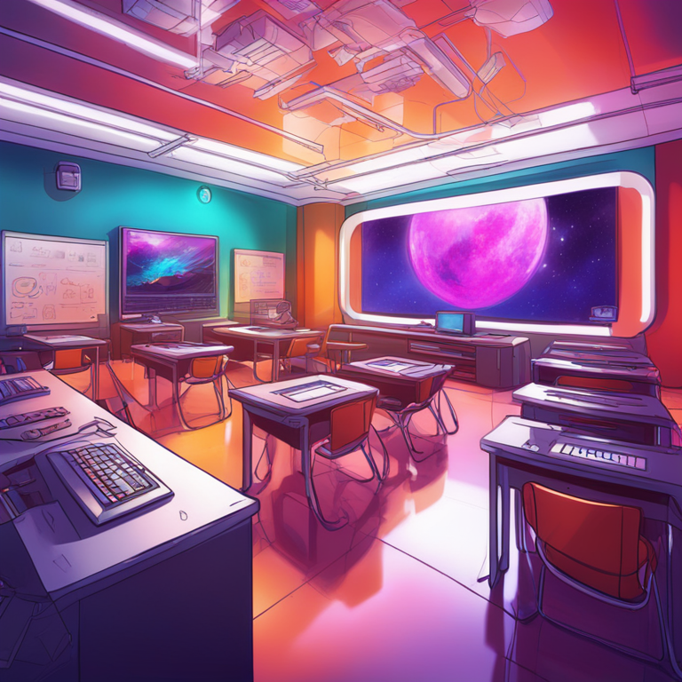 Hand-drawn digital illustration of a futuristic classroom with advanced technology, vibrant colors, Artstation HQ, digital art