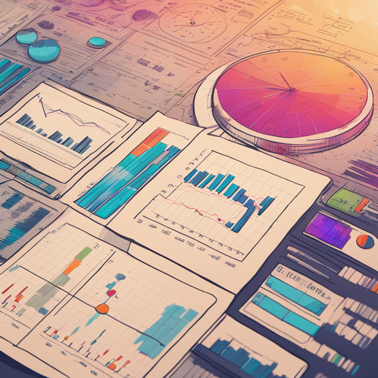 Hand-drawn digital illustration showcasing various financial graphs and charts, representing analysis, Artstation HQ, colorful and detailed, digital art