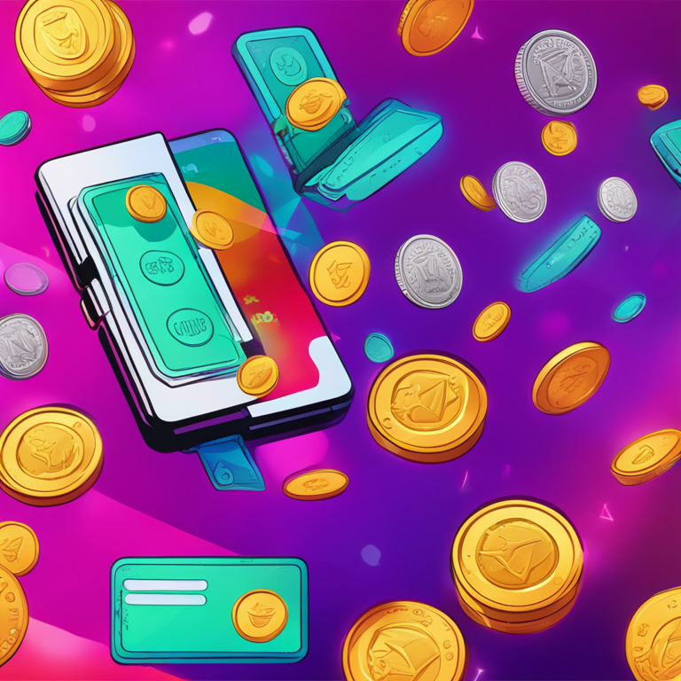 Digital illustration of a digital wallet with meme coins, Artstation HQ, digital art, playful and vibrant, meme coin icons floating around, detailed and colorful