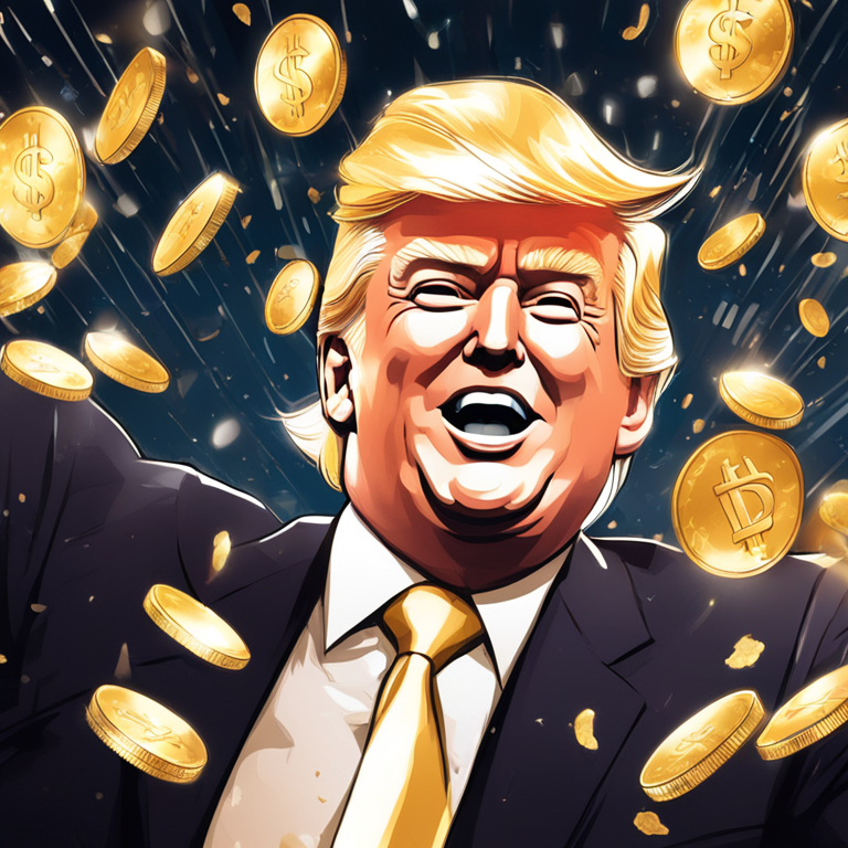 a digital illustration of Donald Trump celebrating with gold coins and dollar bills raining down, hand-drawn digital illustration, Artstation HQ, digital art