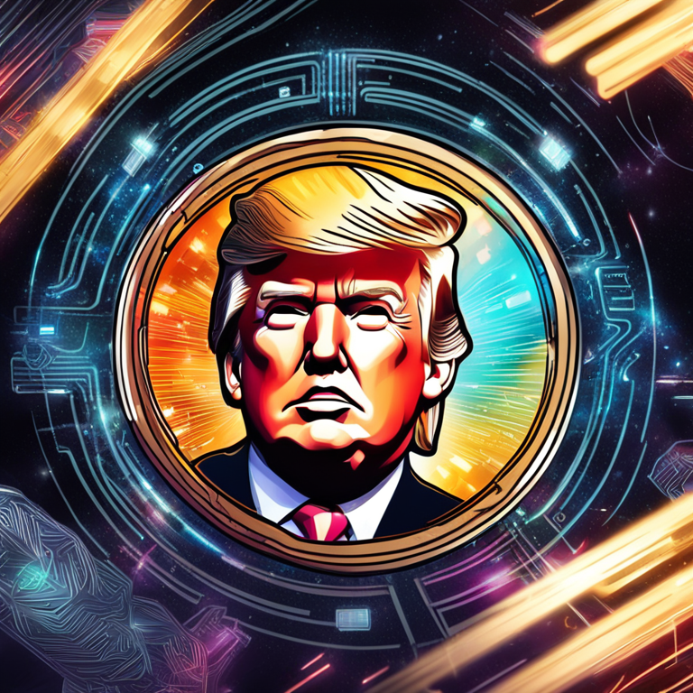 hand-drawn digital illustration of a vibrant cryptocurrency coin featuring Donald Trump's face, surrounded by dazzling digital effects, Artstation HQ, digital art