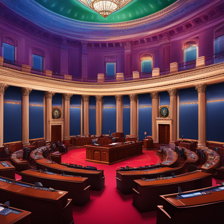 digital illustration of U.S. Senate chamber in session, vibrant colors, Artstation HQ, highly detailed, political atmosphere