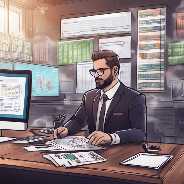 hand-drawn digital illustration of a bank with spreadsheets and cryptocurrencies hovering around, Artstation HQ, digital art