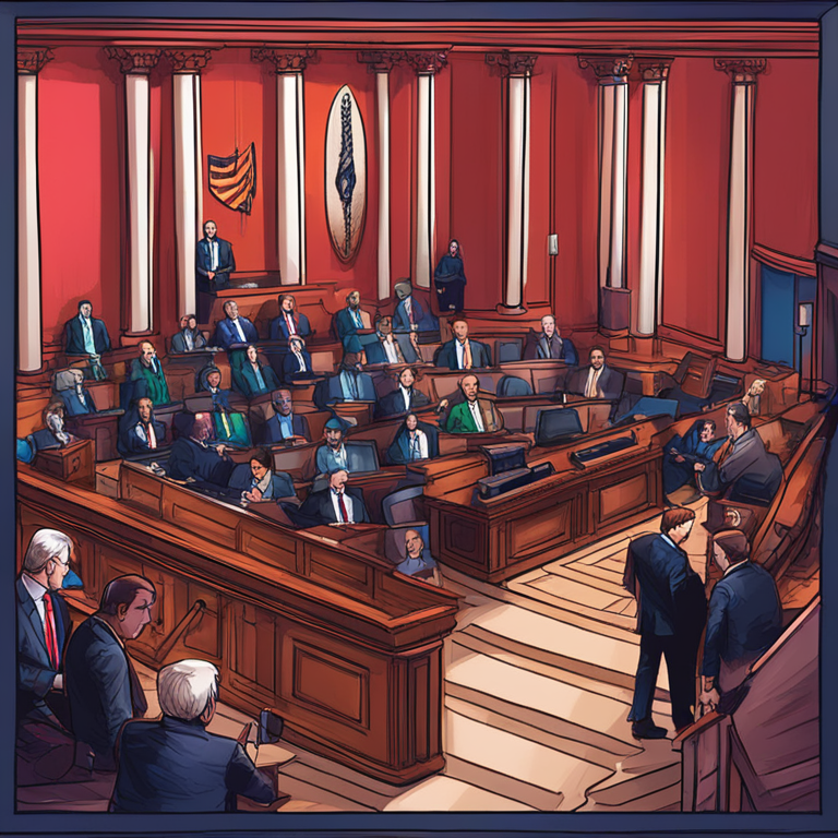 U.S. Senate in session, debating on SEC's crypto accounting policy, hand-drawn digital illustration, Artstation HQ, digital art, vibrant colors, senators engaging in discussion, trendy magazine style