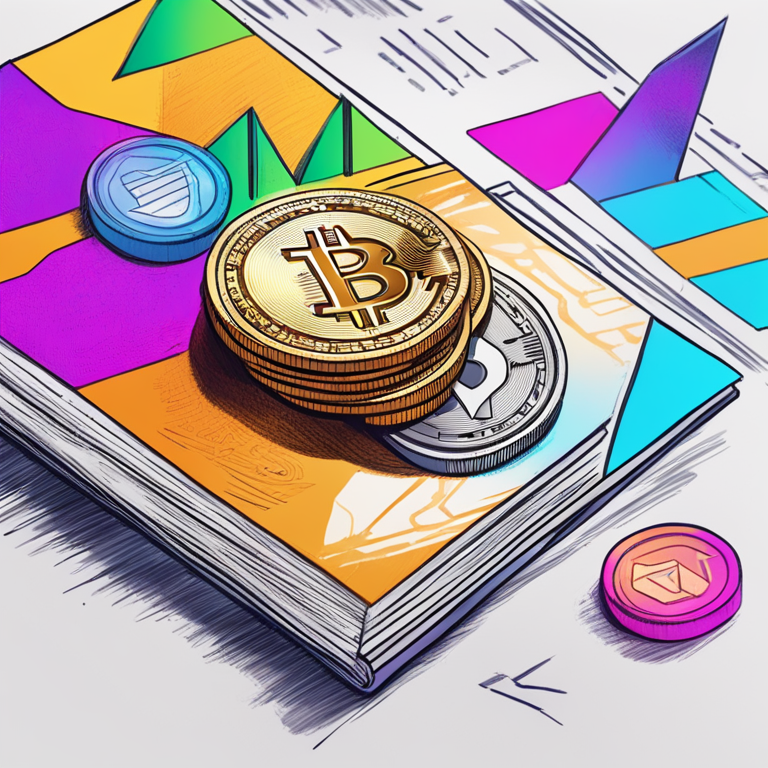 Conceptual image of cryptocurrency and legislative documents, hand-drawn digital illustration, Artstation HQ, digital art, abstract finance theme, vibrant and compelling colors, trendy magazine publication style