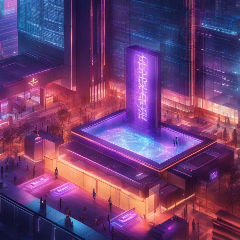 A detailed, vibrant digital illustration of financial institutions collaborating with blockchain networks, futuristic setting, Artstation HQ, digital art