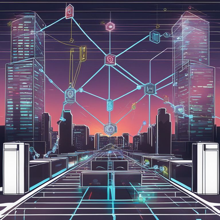 hand-drawn digital illustration of a blockchain network pilot project with major US financial institutions, Artstation HQ, digital art