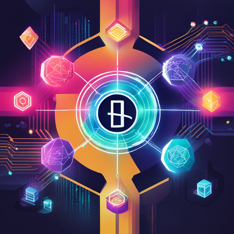 Hand-drawn digital illustration of digital asset tokens circulating within a blockchain network, Artstation HQ, digital art, representing the tokenization process of financial assets with futuristic elements, vibrant colors, and modern design