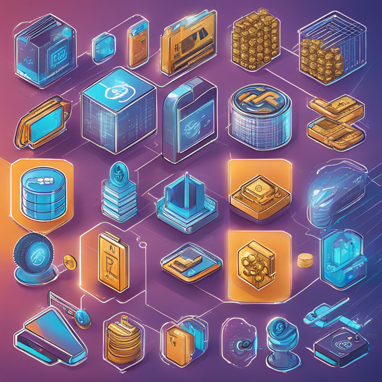 Detailed digital illustration of financial technology icons like blockchain, smart contracts, and digital tokens interconnected, Artstation HQ, digital art, featuring major financial institutions logos like JPMorgan and BNY Mellon participating in the development