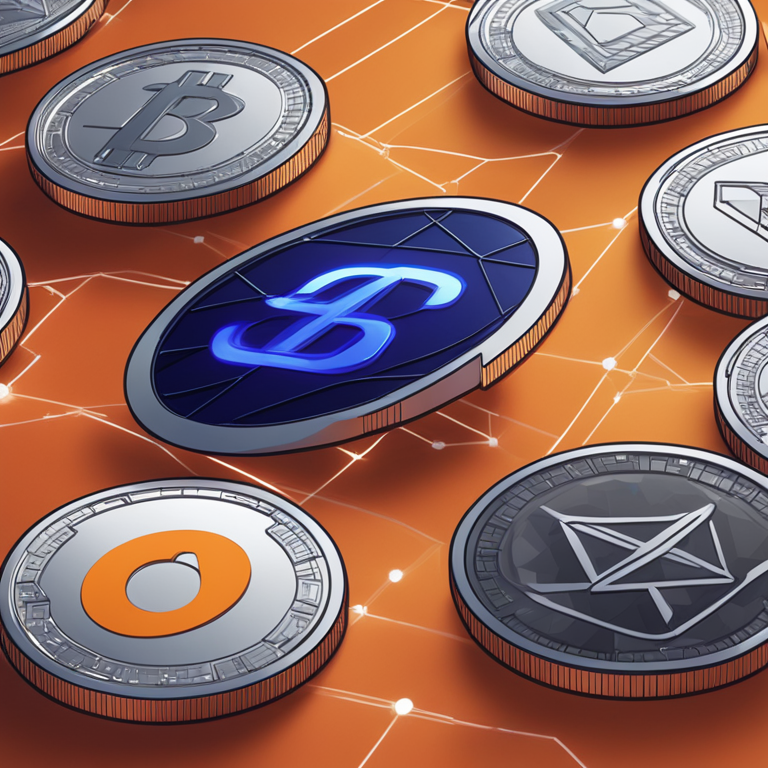 digital illustration of Coinbase logo next to various altcoins including ONDO, PYTH, and ZETA, against a futuristic grid background, hand-drawn digital illustration, Artstation HQ, digital art