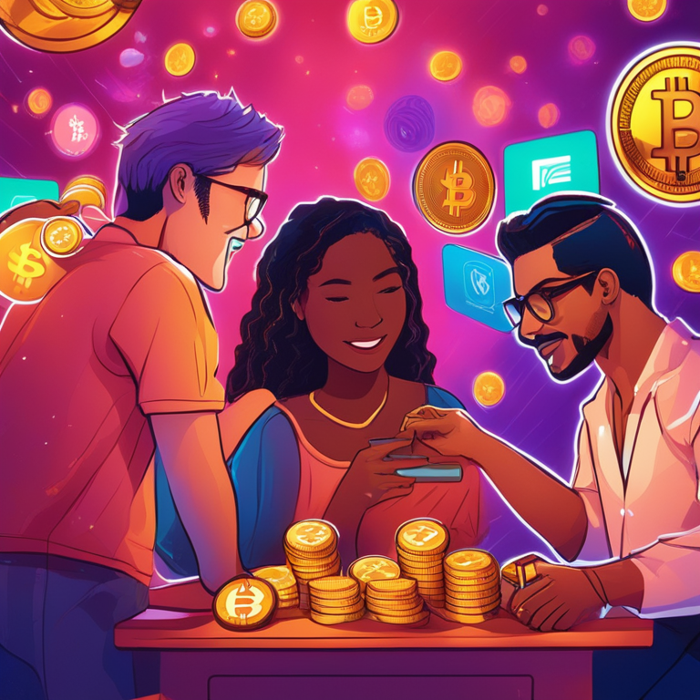 whimsical illustration of international cryptocurrency traders interacting with diverse altcoins ONDO, PYTH, and ZETA on a vibrant marketplace background, digital art, trending magazine style