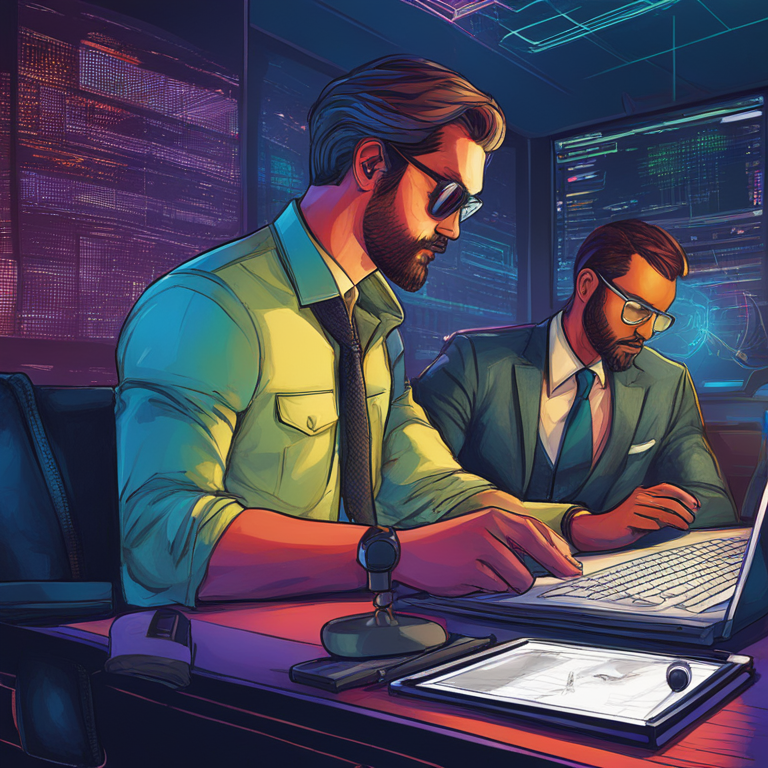 hand-drawn digital illustration, Artstation HQ, digital art of blockchain investigators analyzing data, detective-like, engaging, vibrant colors, magnifying glass, computer screens, trendy, art by Greg Rutkowski