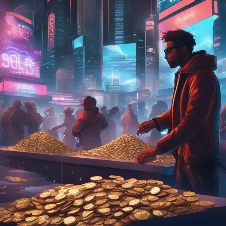 digital illustration of a chaotic market scene with Solana meme coins swirling around, with a hacker figure manipulating code against a futuristic city backdrop, Artstation HQ, digital art