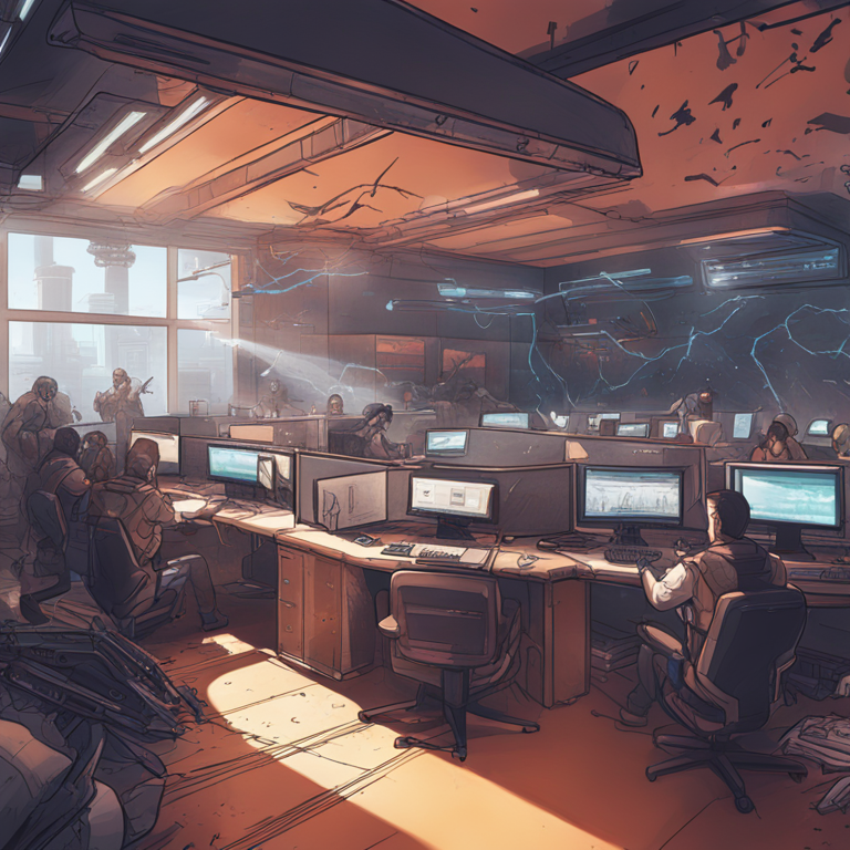 A complex and detailed digital illustration showcasing the Solana network under attack, Artstation HQ, hand-drawn style