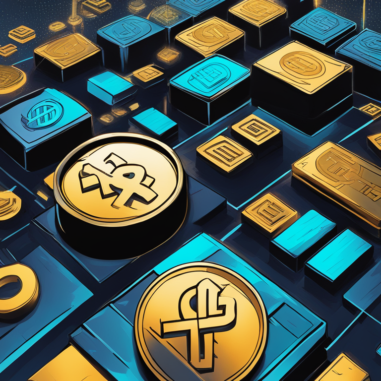 Visual depiction of blockchain and finance integration, detailed illustration of modern digital coins and tokens being managed, Artstation HQ, digital art