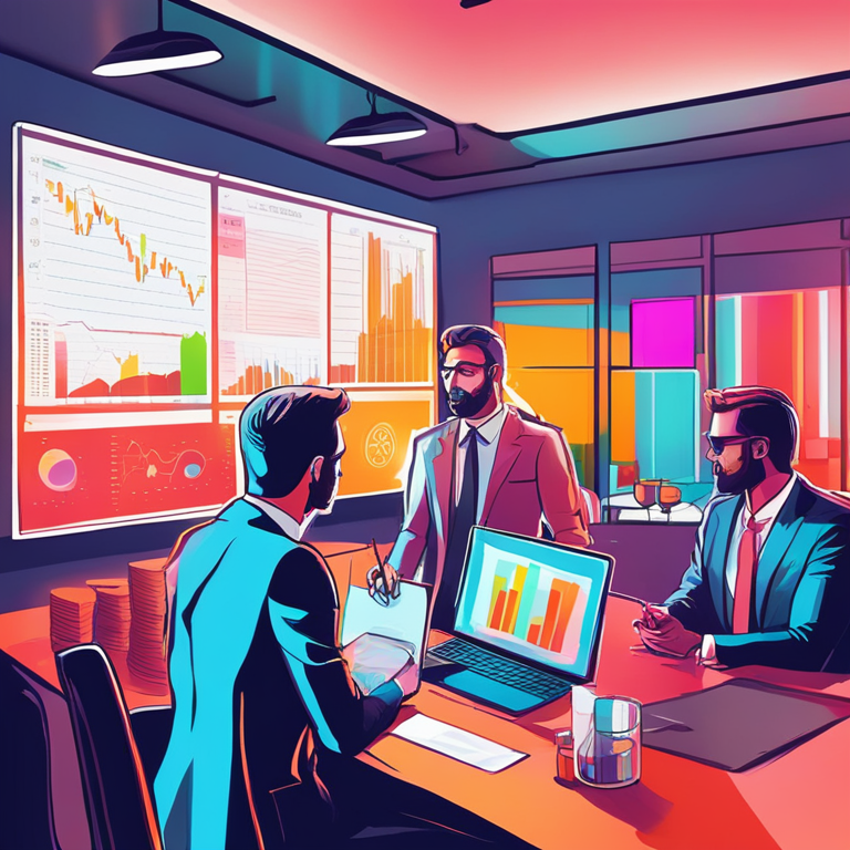 hand-drawn digital illustration, Artstation HQ, digital art, financial advisers discussing Bitcoin ETFs with clients, modern and stylish office setting, advisors explaining charts, bright colors, abstract market trends in the background