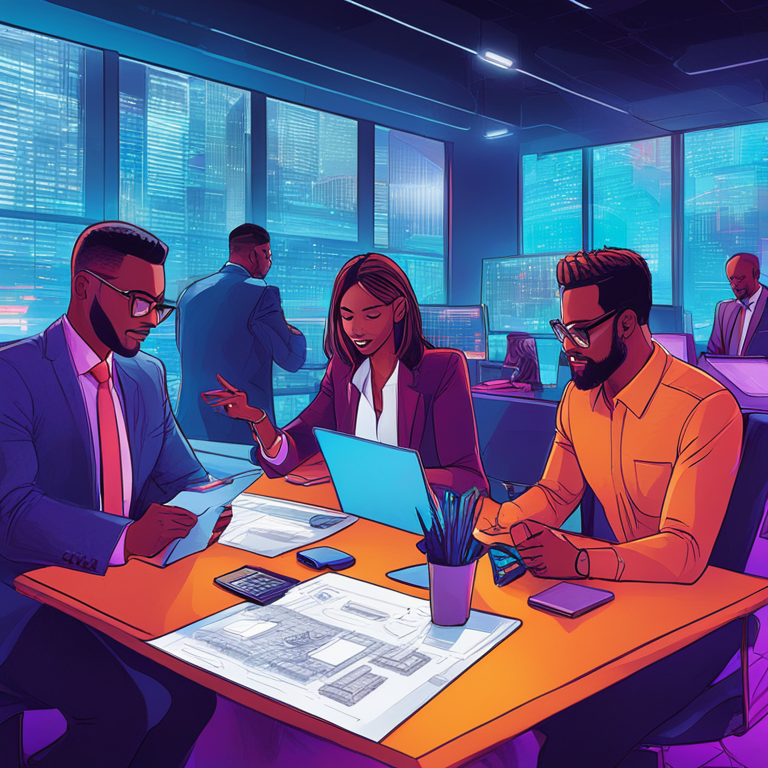 hand-drawn digital illustration, Artstation HQ, digital art, a diverse group of individuals discussing financial charts and bitcoin ETFs in an office, vibrant colors, dynamic composition, futuristic technology elements, informal setting, engaging facial expressions