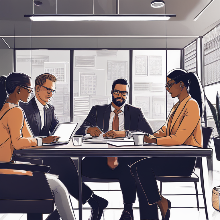 hand-drawn digital illustration, Artstation HQ, digital art, financial adviser planning bitcoin investments with clients, digital ledger, diverse assets portfolio, modern office setting, trending on Artstation