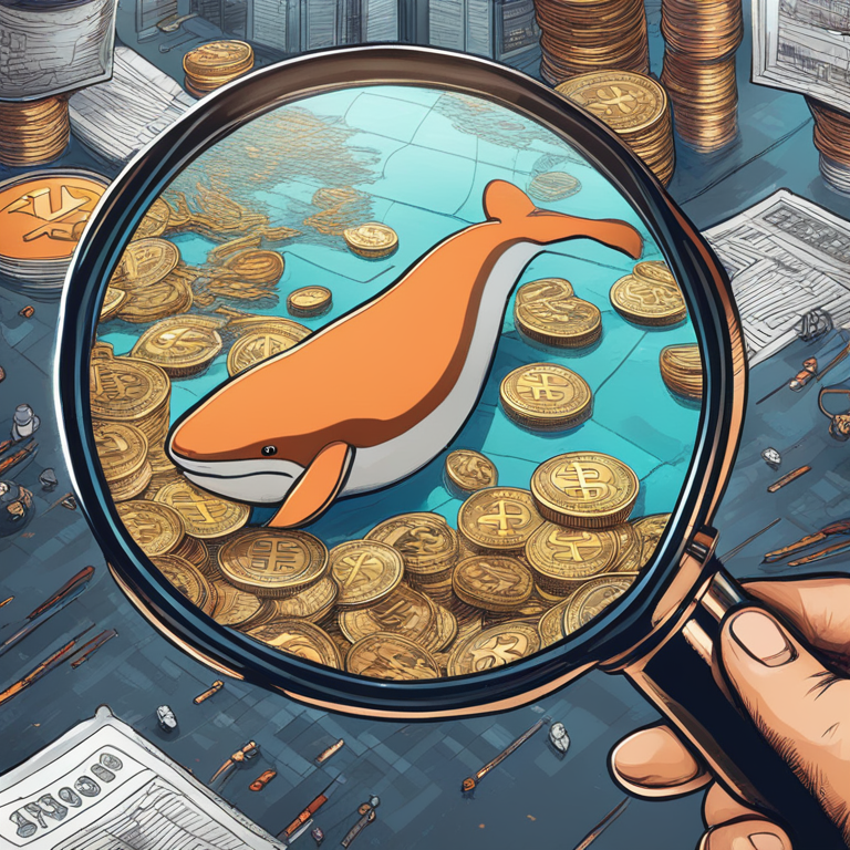 hand-drawn digital illustration, Artstation HQ, digital art, a magnifying glass focusing on a Bitcoin whale in a bustling trade market, crypto analysts observing stats, a huge whale made of Bitcoin coins, vibrant, detailed