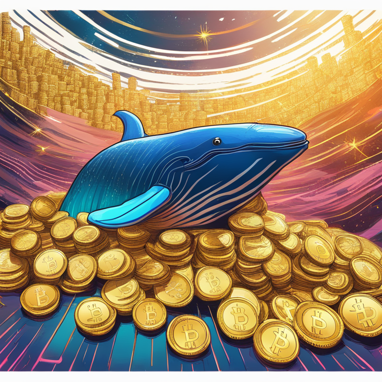 hand-drawn digital illustration, Artstation HQ, digital art of a futuristic Bitcoin whale swimming amidst stacks of gold coins, vibrant colors, detailed, professional magazine style