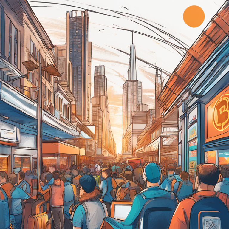 hand-drawn digital illustration, Artstation HQ, digital art depicting a graph with a rocket trajectory, Bitcoin logo prominently featured, vibrant market scene with traders, modern professional style