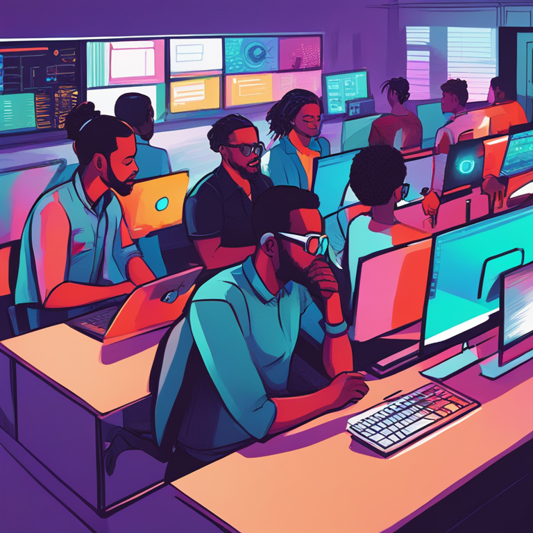 Hand-drawn digital illustration of a diverse tech team brainstorming, Artstation HQ, digital art, trending on Artstation, vibrant colors, modern office layout