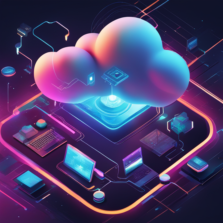 A futuristic image featuring a vibrant cloud storage network with abstract digital art elements, hand-drawn illustration, Artstation HQ, showcasing a blend of innovation and tech advancements in cloud storage