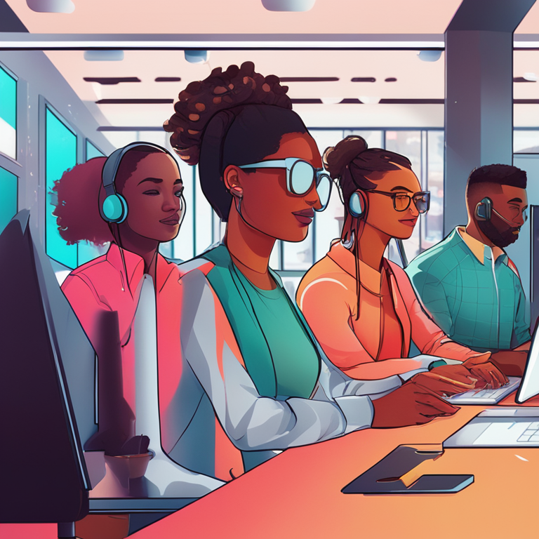 A vibrant digital illustration of a diverse tech team in a modern office environment, trending on Artstation, emphasizing diversity, equity, and inclusion