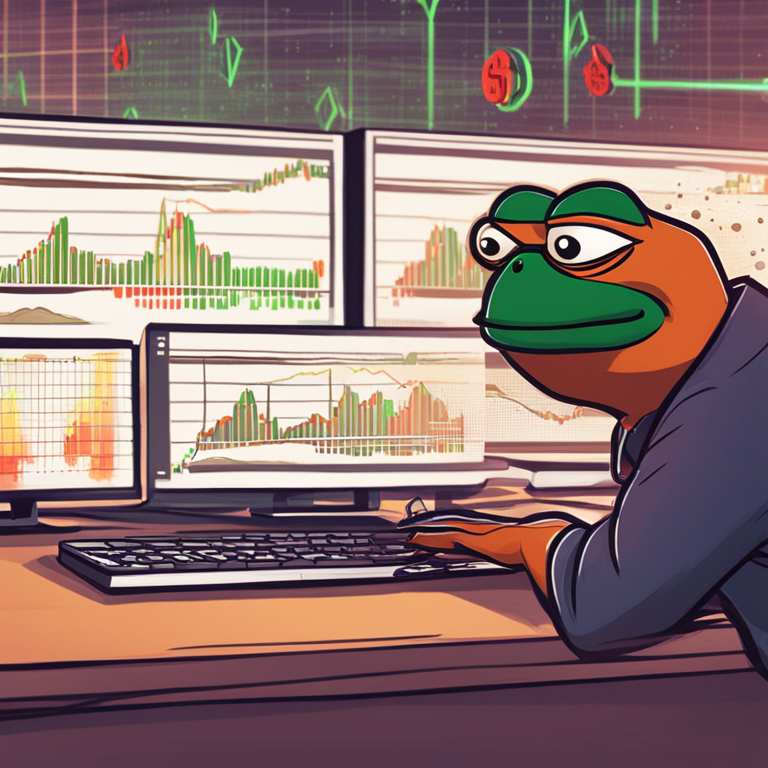 Hand-drawn digital illustration of PEPE coin struggling in the volatile crypto market, with fluctuating price graphs in the background, Artstation HQ, digital art