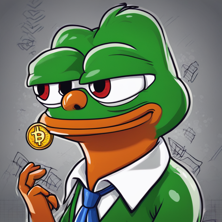 Hand-drawn digital illustration of PEPE coin cartoon character looking anxious as price graphs fluctuate, Artstation HQ, digital art