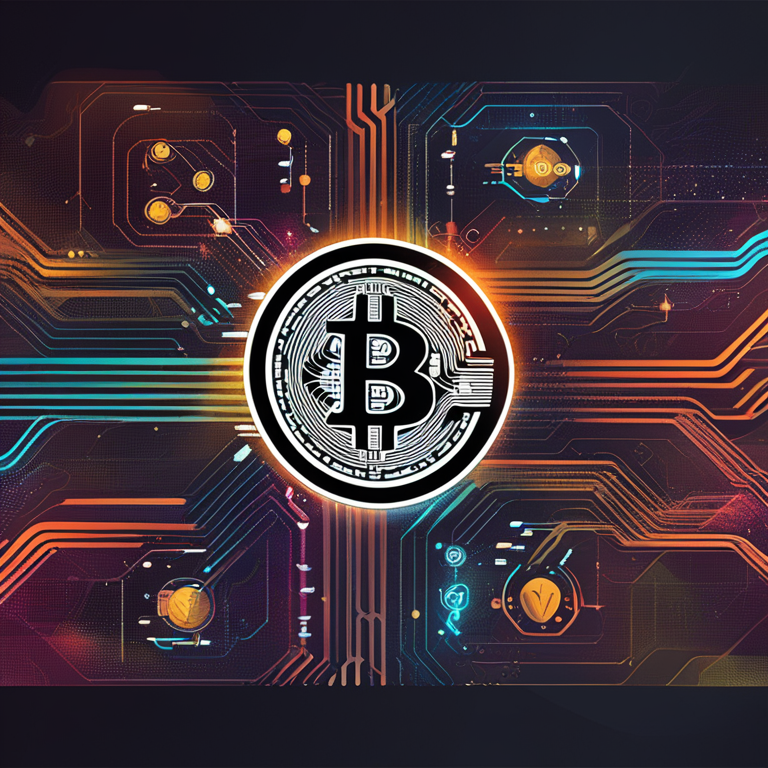 hand-drawn digital illustration of Bitcoins and UTXOs, Artstation HQ, digital art, vibrant colors, abstract and technical elements fused together, futuristic blockchain background, trending on Artstation