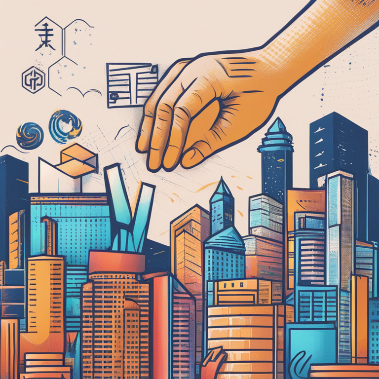 A hand-drawn digital illustration showcasing the collaboration between Alchemy Pay and Victory Services for HK Spot ETFs, vibrant and high-tech style, trending on Artstation, digital art, financial growth concept