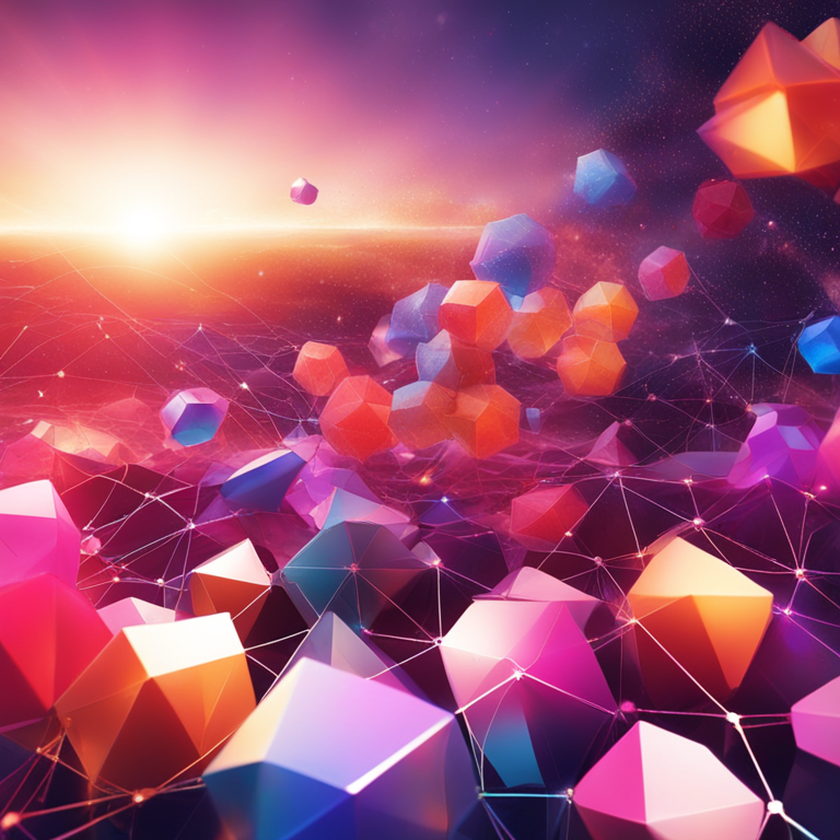 A dynamic and colorful abstract illustration of the innovative collaboration between Alchemy Pay and Polyhedra Network, representing Web3 interoperability, digital art, trend on Artstation, futuristic financial landscape concept