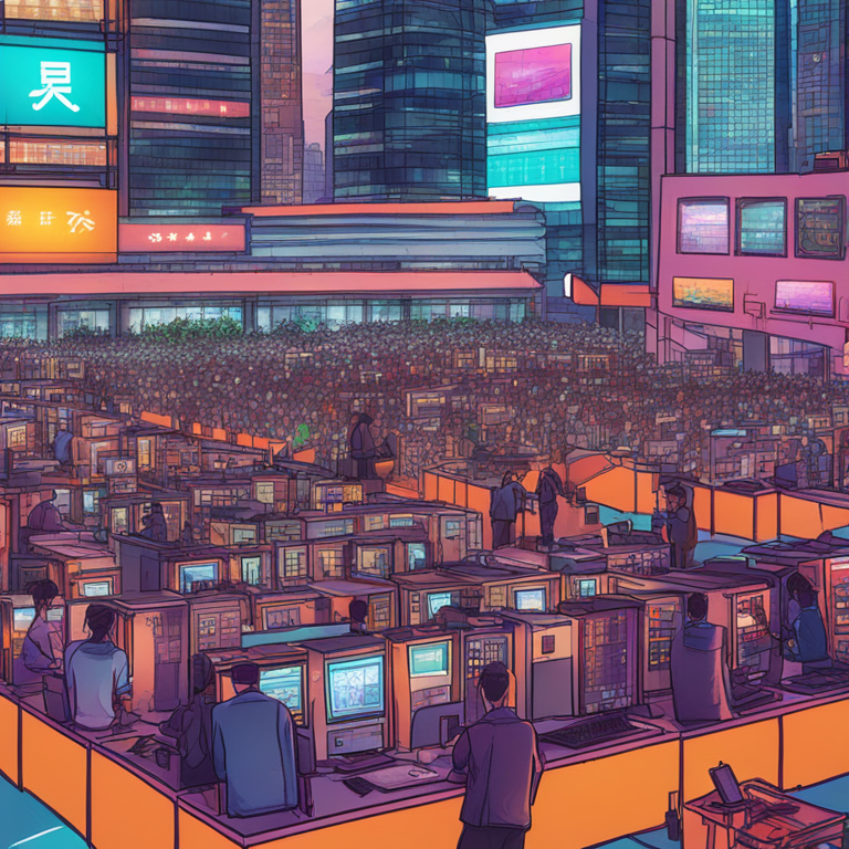 Hand-drawn digital illustration of a bustling stock market with digital interfaces and skyscrapers in Hong Kong, Artstation HQ, digital art, bright colors