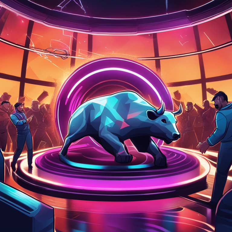 digital illustration of Wormhole token analyzing market conditions in an abstract manner with bulls and bears fighting in the background, Artstation HQ, digital art, vibrant and engaging