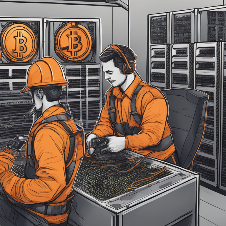 hand-drawn digital illustration of Bitcoin miners using advanced technology, mining rigs, high-tech, futuristic, Artstation HQ, digital art