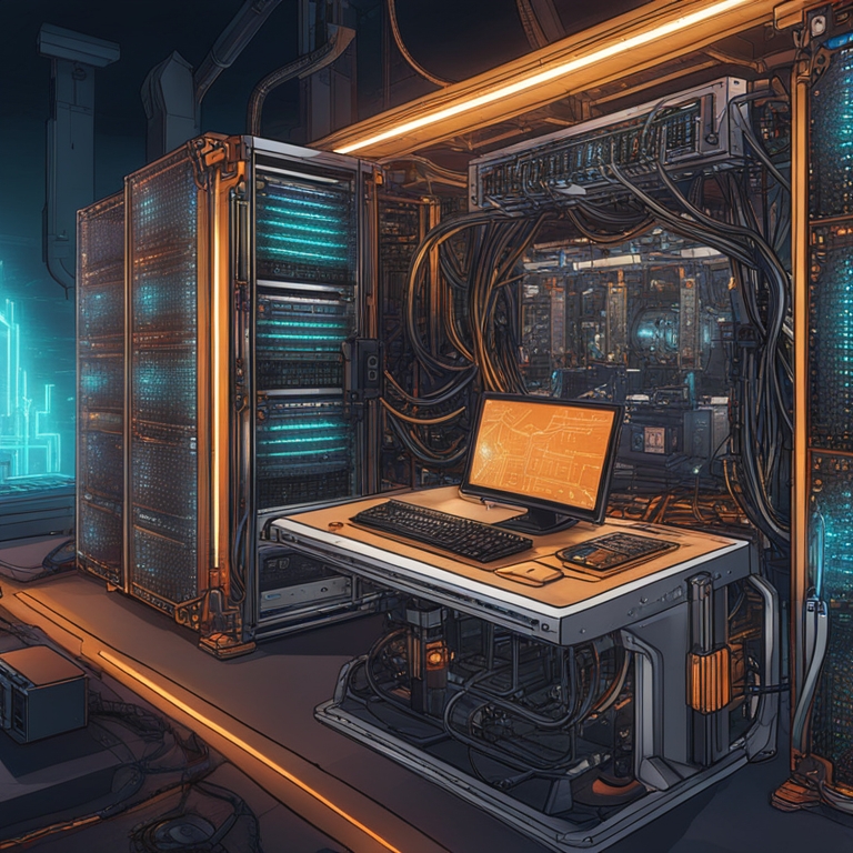 detailed hand-drawn digital illustration of mining rigs supporting AI computations, blending cryptocurrency and artificial intelligence, futuristic, Artstation HQ