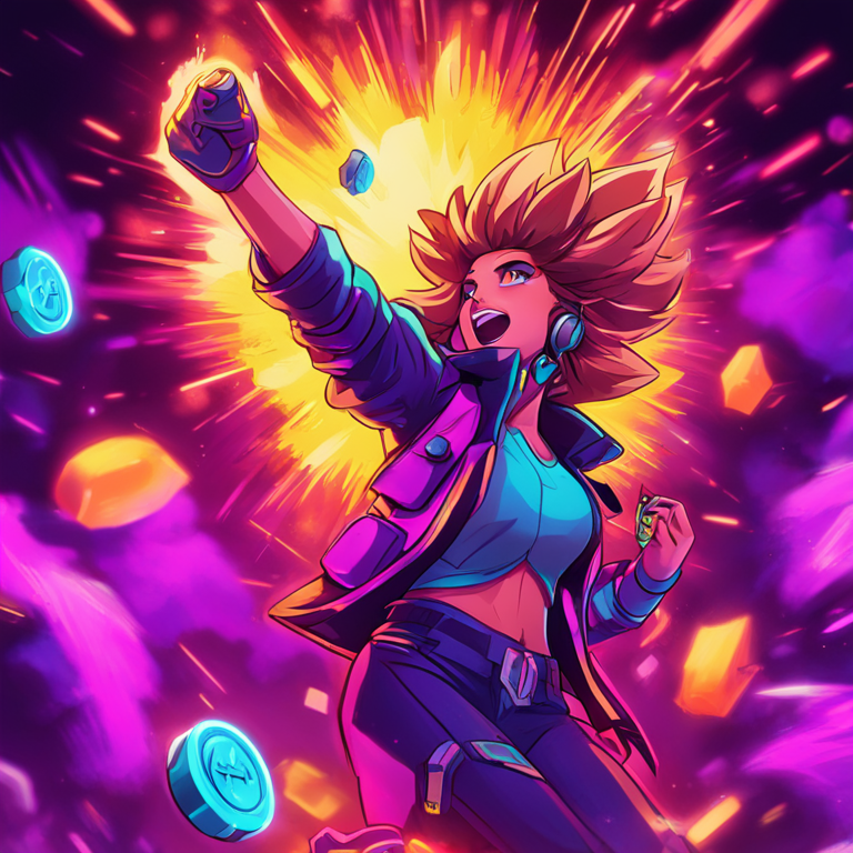 hand-drawn digital illustration, Artstation HQ, digital art, showing an abstract gaming token launch explosion with a billion-dollar trading volume figure in vibrant neon colors