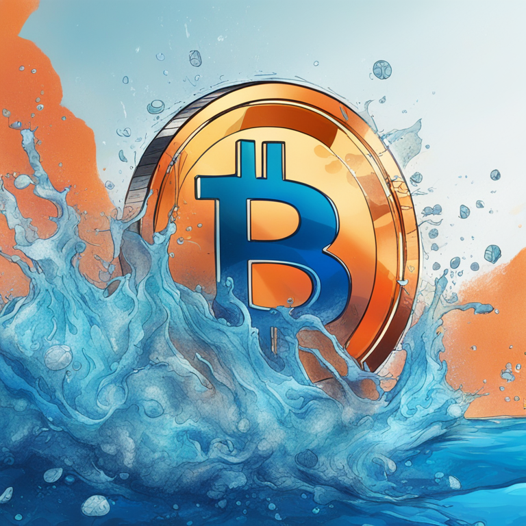 hand-drawn digital illustration of Coinbase logo sinking in water, lively colors, modern digital art, Artstation HQ, Bitcoin logos floating above, representing market fluctuations