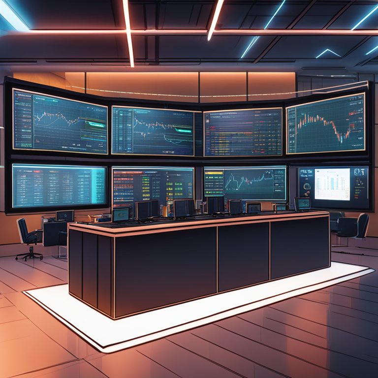 A futuristic financial market trading floor with digital screens displaying cryptocurrency charts, hand-drawn digital illustration, Artstation HQ, digital art