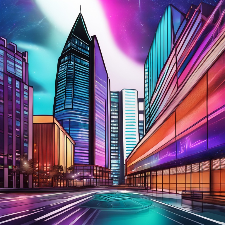 digital illustration of CME building, hand-drawn, modern design, vibrant colors, Artstation HQ, financial market icon, sleek buildings in the background, digital art trend