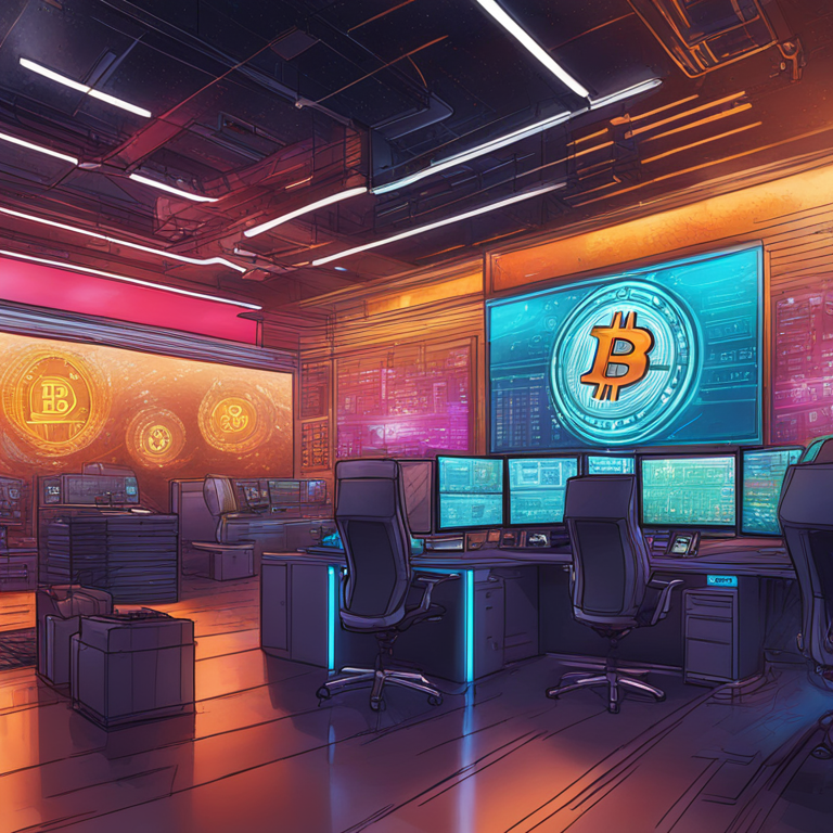 hand-drawn digital illustration, Artstation HQ, digital art, futuristic trading floor with Bitcoin spot trading, CME emblem, detailed, modern and vibrant colors