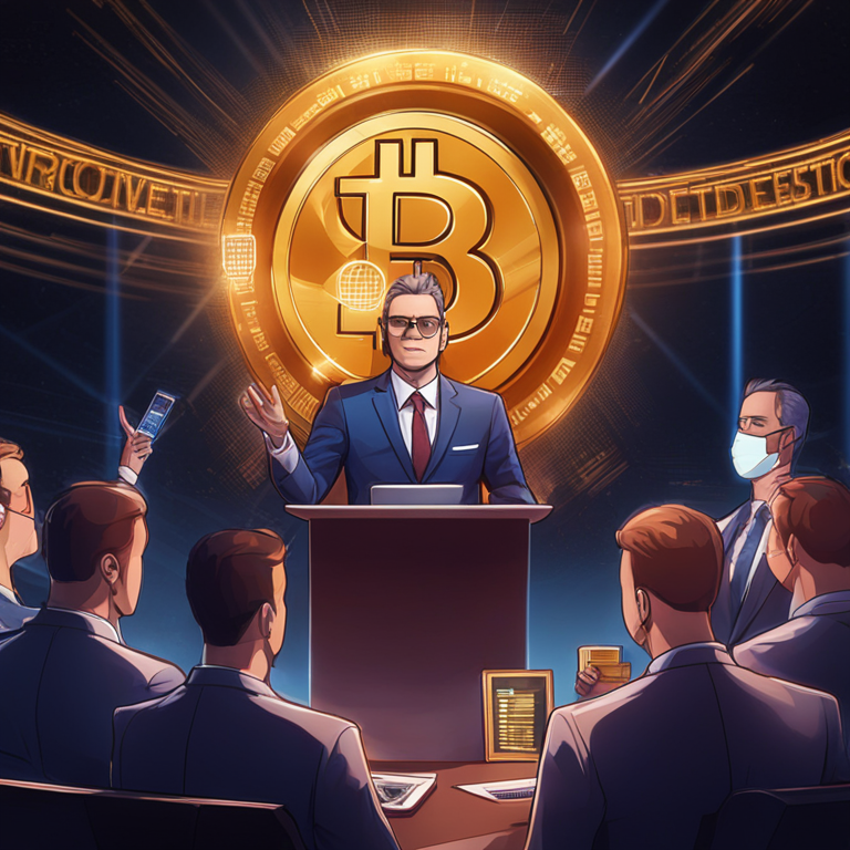 Digital illustration of a government official making a speech with a background of digital cryptocurrencies, Artstation HQ, digital art