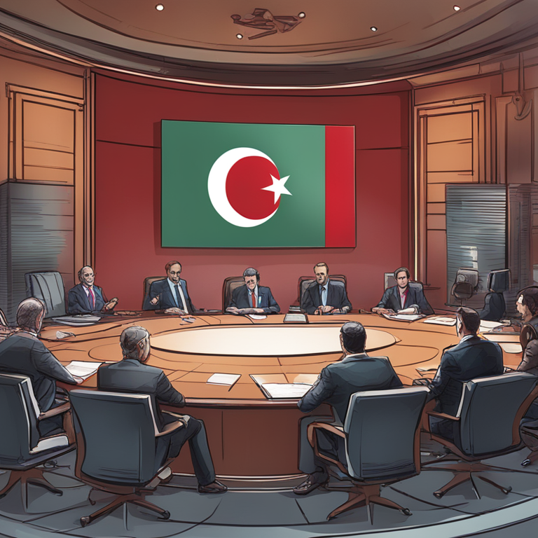 artistic representation of Turkish government discussing cryptocurrency legislation, hand-drawn digital illustration, Artstation HQ, digital art