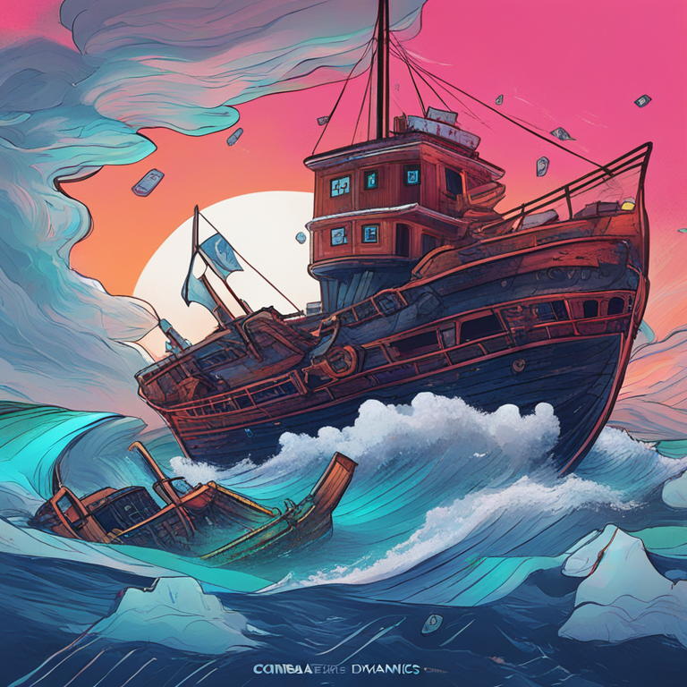 coinbase market dynamics illustrated with a sinking ship and finances symbols, digital art, Artstation HQ style, vibrant visuals