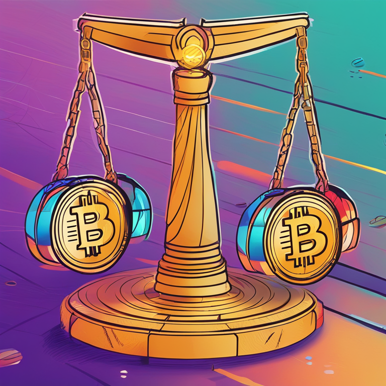 hand-drawn digital illustration, Artstation HQ, digital art, illustrating the concept of cryptocurrency stabilization with visual metaphors of scales balancing crypto coins, futuristic design, engaging colors, abstract background